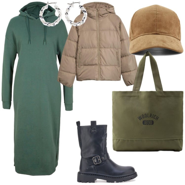 Outfit donna - Oggi piove. per Tutti i giorni. Abbinamento con giacche, orecchini, vestiti, borse tote, stivaletti, cappelli con visiera.