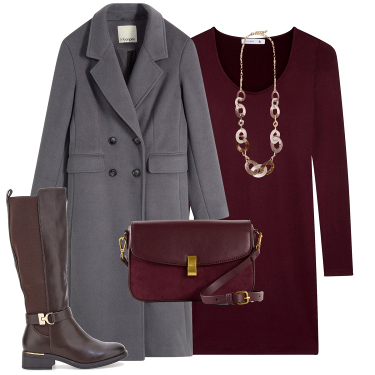 Outfit donna - City. Stile Urban per Tutti i giorni. Abbinamento con cappotti, borse a mano, vestiti corti, stivali, collane.