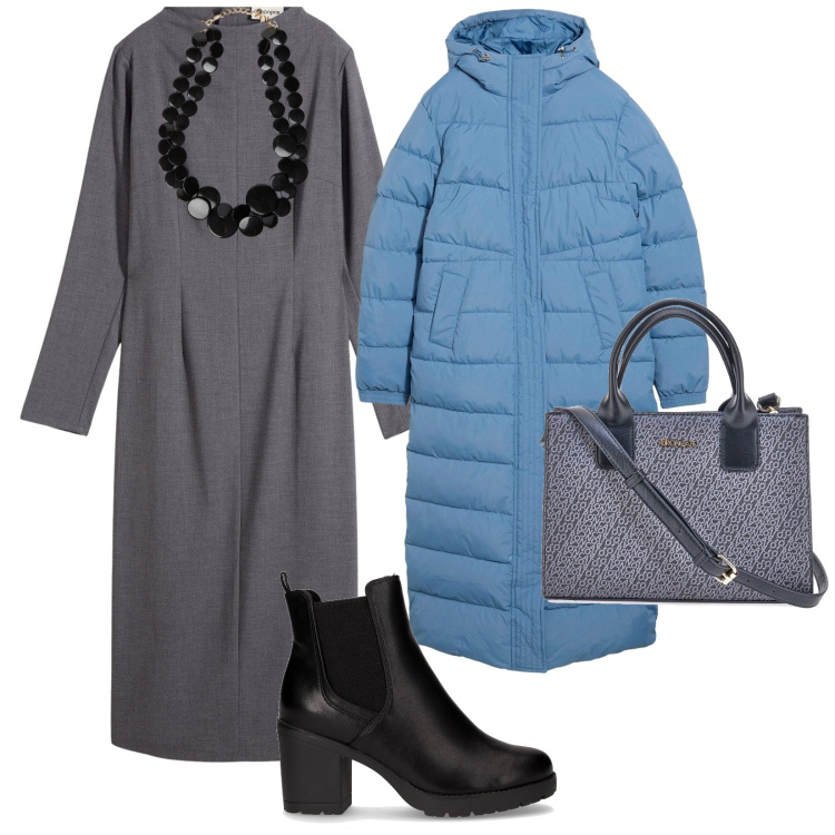 Outfit donna - Freddo. per Tutti i giorni. Abbinamento con vestiti midi/longuette, cappotti, borse a tracolla, collane, stivaletti chelsea.