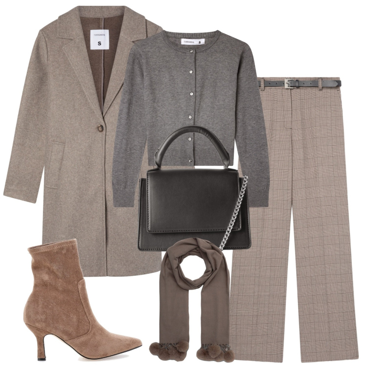 Outfit donna - City. Stile Urban per Tutti i giorni. Abbinamento con borse a tracolla, cappotti, cardigans, sciarpe, pantaloni, stivaletti chelsea.