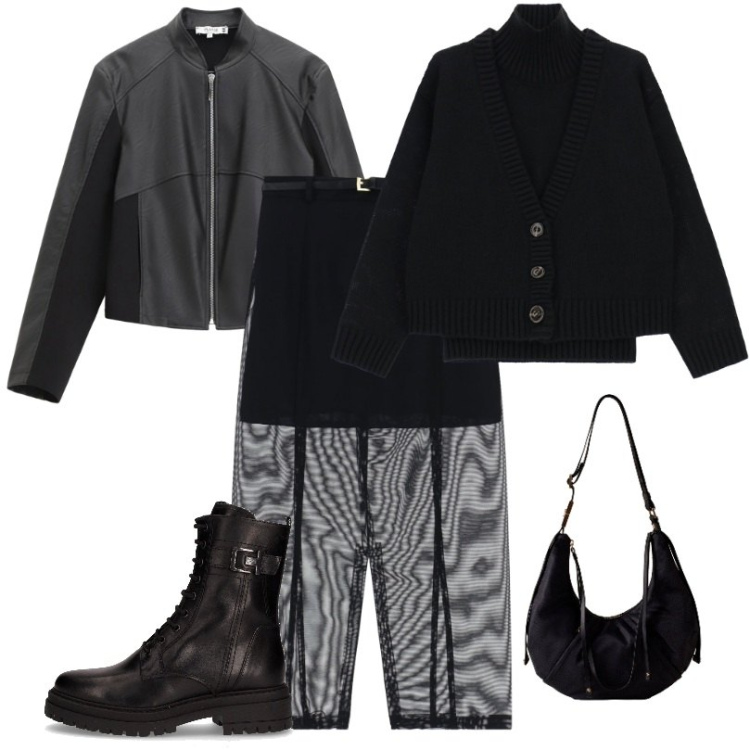 Outfit donna - Morbidezza, similpelle e trasparenza. Stile Urban per Serata fuori. Abbinamento con blazer, gonne longuette, cardigans, borse a spalla, anfibi.