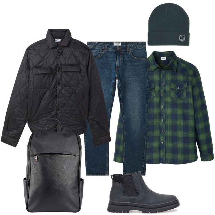 Outfit uomo - Week-end fuori porta. Stile Casual per Tutti i giorni. Abbinamento con camicie, jeans, giacche, berretti, stivali e stivaletti, borse sportive.