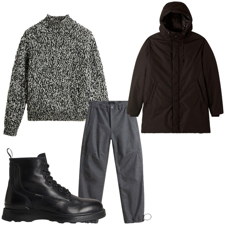 Outfit uomo - Oggi fa fresco. Stile Casual per Tutti i giorni. Abbinamento con parka, maglieria, pantaloni, anfibi.