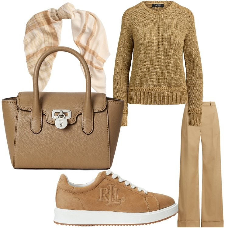 Outfit donna - Caramello. Stile Casual chic per Ufficio. Abbinamento con pantaloni, sciarpe, maglieria, borse a mano, sneakers.