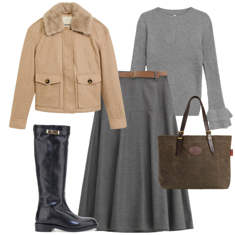 Outfit donna - Total look #2278488. Stile Urban per Tutti i giorni. Abbinamento con piumini, gonne lunghe, maglieria, borse tote, stivali.