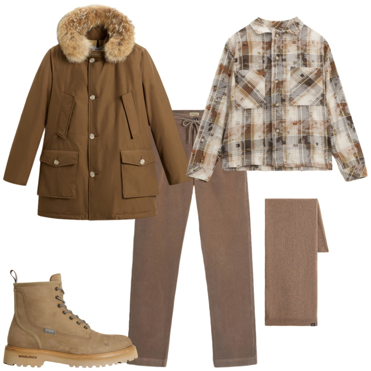 Outfit uomo - Week end in montagna. Stile Urban per Tutti i giorni. Abbinamento con pantaloni, anfibi, sciarpe, parka, camicie.