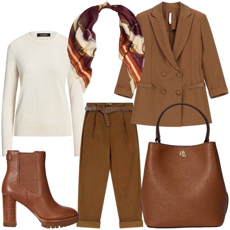 Outfit donna - Comoda in ufficio. Stile Chic per Ufficio. Abbinamento con blazer, pantaloni, maglieria, borse a secchiello, stivaletti chelsea, foulard.