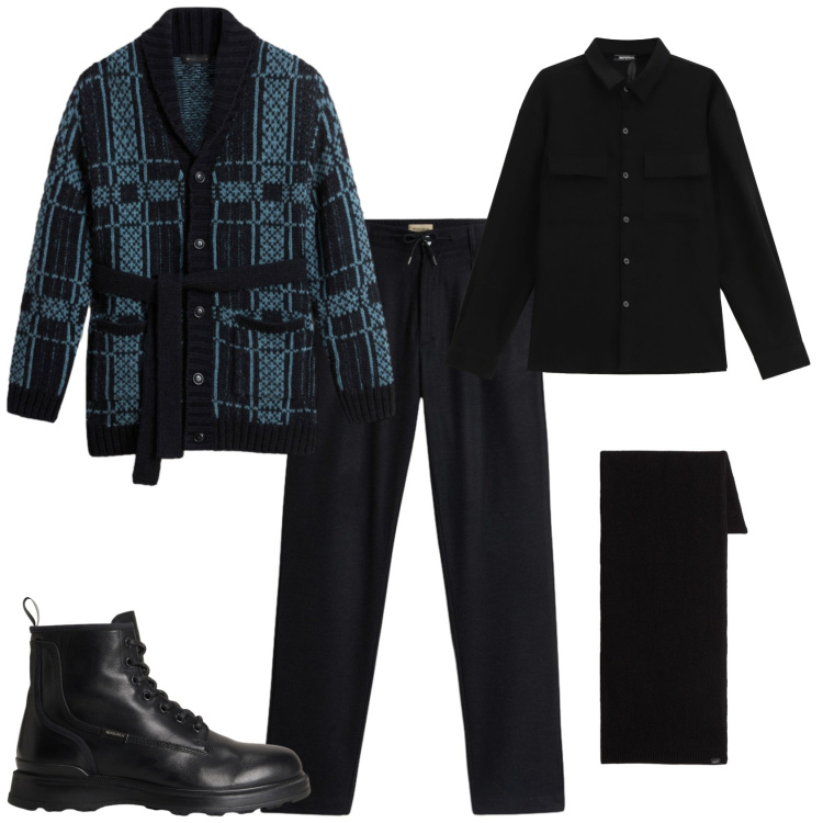 Outfit uomo - Total look #2278497. Stile Trendy per Tutti i giorni. Abbinamento con anfibi, cardigans, pantaloni, sciarpe, camicie.