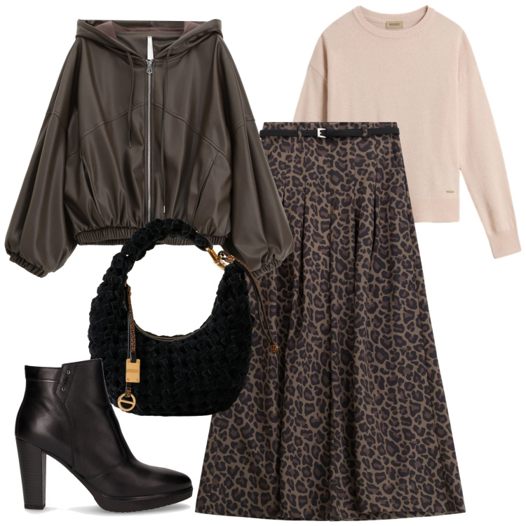 Outfit donna - City. Stile Urban per Tutti i giorni. Abbinamento con maglieria, pantaloni, bomber, borse a mano, stivaletti.