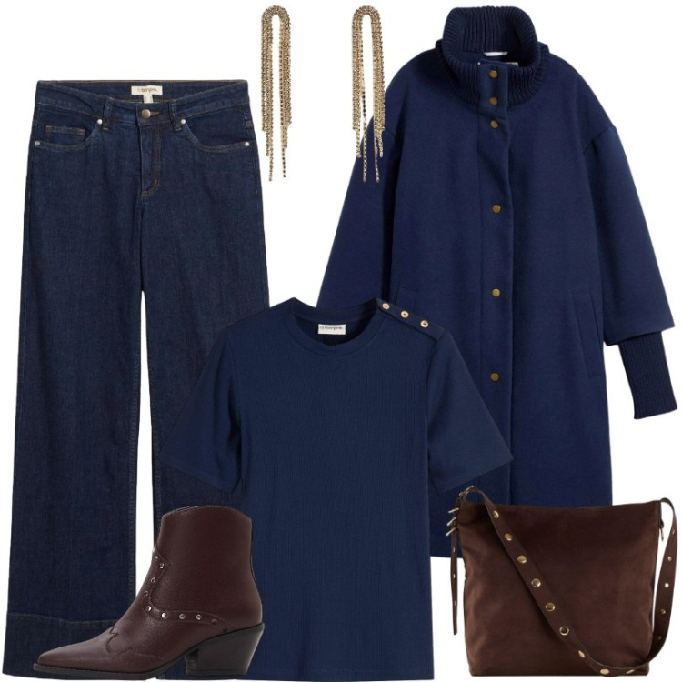 Outfit donna - Business Casual Look. Stile Casual per Ufficio. Abbinamento con cappotti, jeans, stivaletti texani, shopping bag, t-shirt, orecchini.