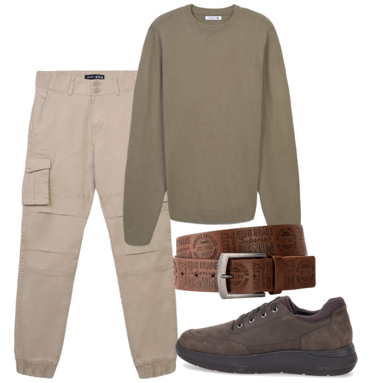 Outfit uomo - Novembre. Stile Casual per Tutti i giorni. Abbinamento con cinture, pantaloni cargo, maglieria, scarpe stringate.