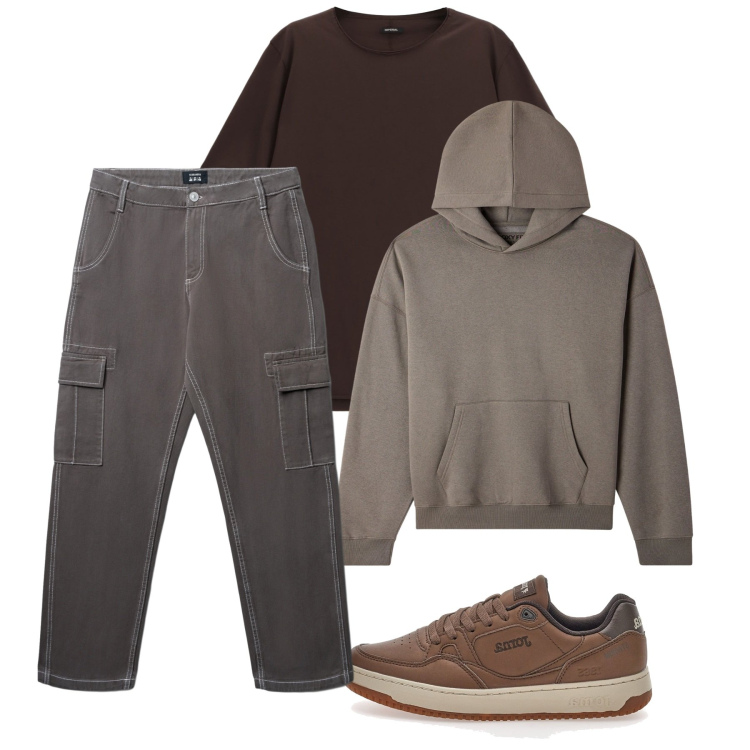 Outfit uomo - Fango. Stile Casual per Tutti i giorni. Abbinamento con pantaloni cargo, felpe con cappuccio, t-shirt, sneakers.