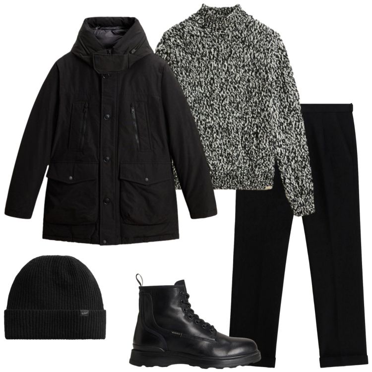 Outfit uomo - Friday. Stile Trendy per Serata speciale. Abbinamento con maglieria, berretti, anfibi, parka, pantaloni.