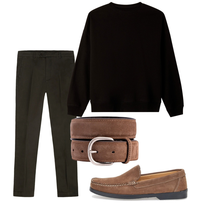 Outfit uomo - Accessori nocciola. Stile Casual per Serata speciale. Abbinamento con felpe, cinture, scarpe stringate, pantaloni chino.