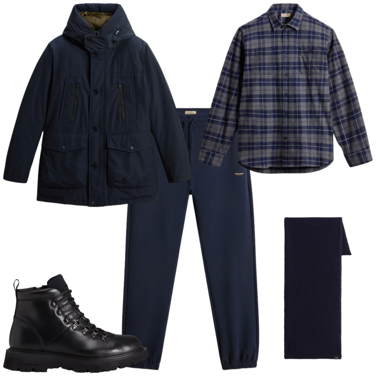 Outfit uomo - Week end in montagna. Stile Casual per Tutti i giorni. Abbinamento con stivali e stivaletti, pantaloni, camicie, sciarpe, parka.