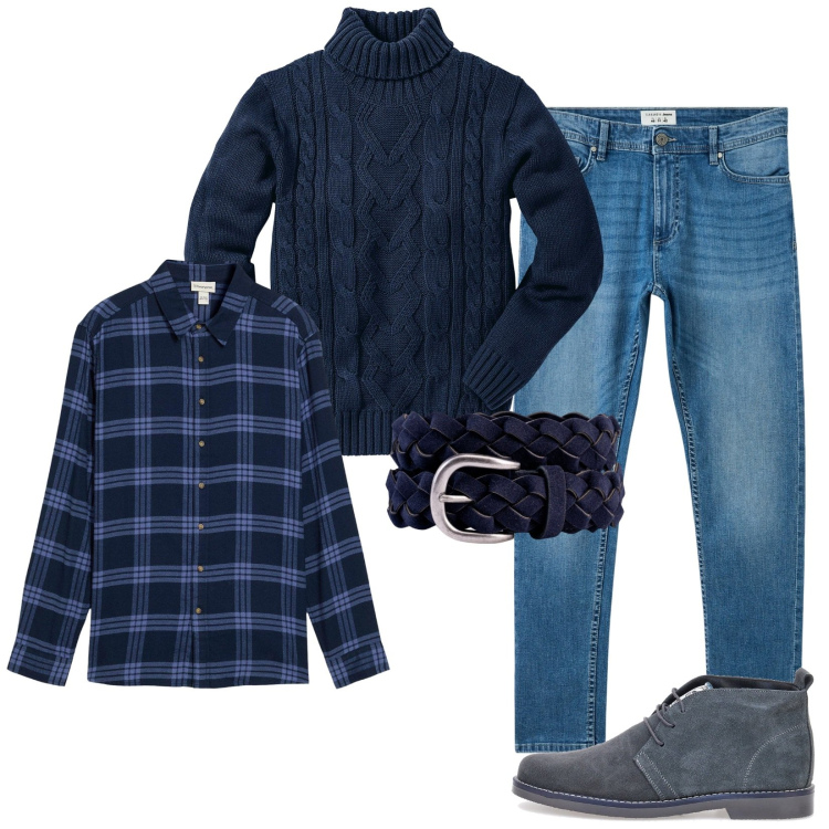 Outfit uomo - Total look #2278529. Stile Casual per Tutti i giorni. Abbinamento con camicie, maglieria, jeans skinny, cinture, stivali e stivaletti.