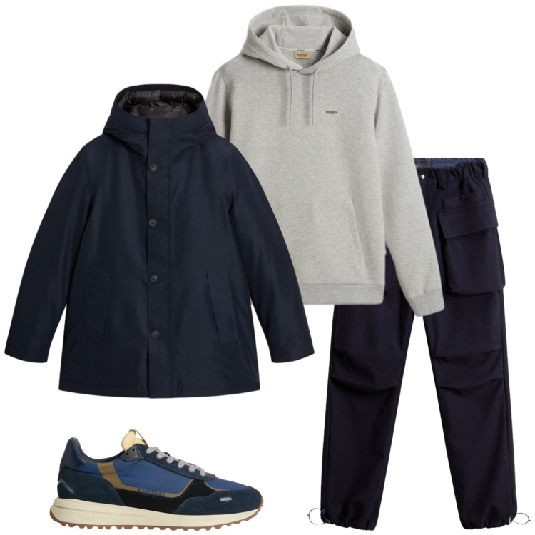 Outfit uomo - Rainy day. Stile Casual per Tutti i giorni. Abbinamento con sneakers, pantaloni, felpe con cappuccio, parka.