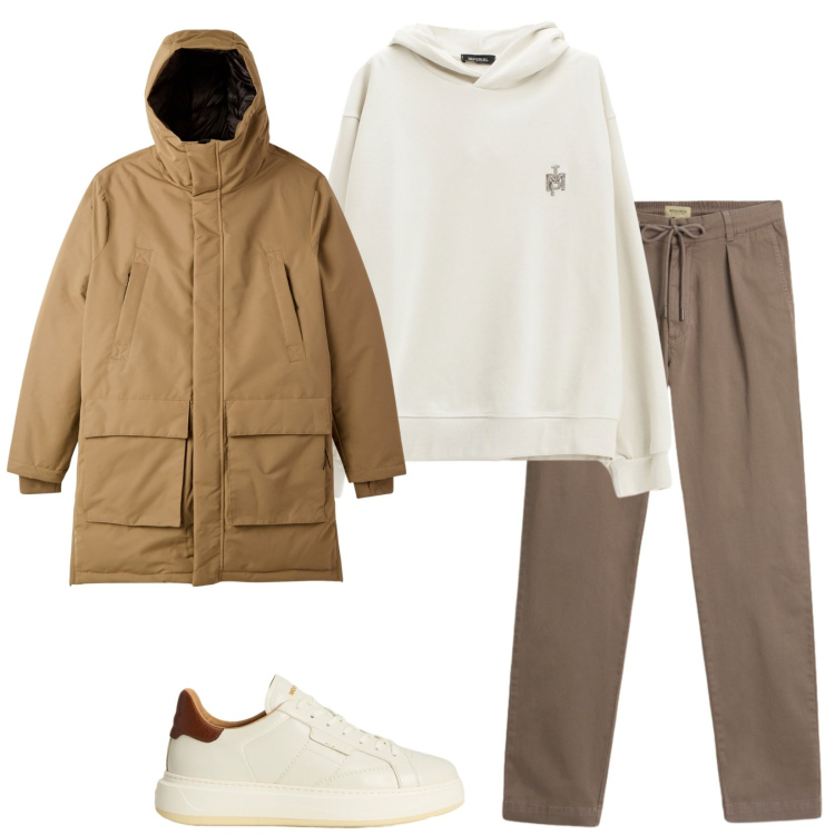 Outfit uomo - Ok cosi. Stile Casual per Tutti i giorni. Abbinamento con parka, pantaloni, sneakers, felpe con cappuccio.