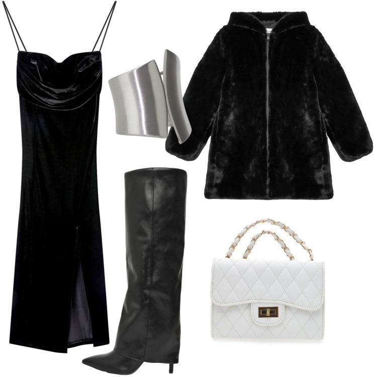 Outfit donna - Gli stivali grintosi. Stile Glamour per Serata fuori. Abbinamento con stivali, cappotti, vestiti lunghi, anelli, borse a tracolla.