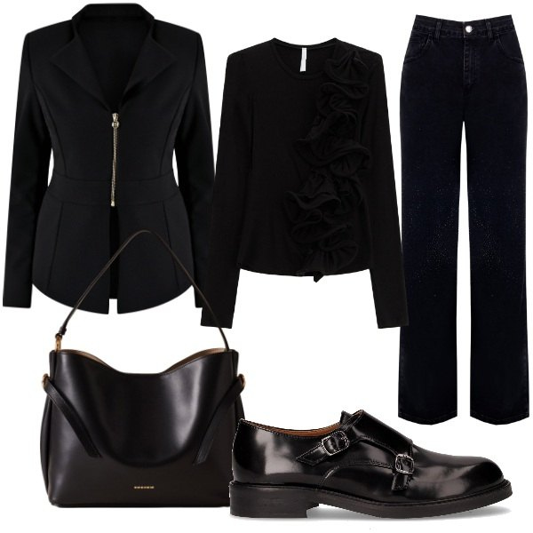 Outfit donna - Total Black Mood. Stile Casual chic per Ufficio. Abbinamento con jeans dritti, blazer, t-shirt, borse a mano, mocassini.