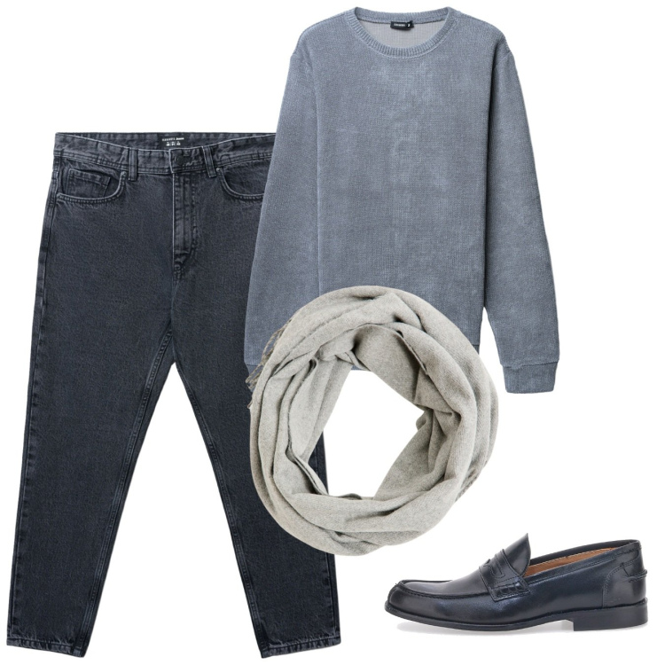 Outfit uomo - Novembre grey. Stile Casual per Tutti i giorni. Abbinamento con sciarpe, jeans strappati, maglieria, scarpe stringate.