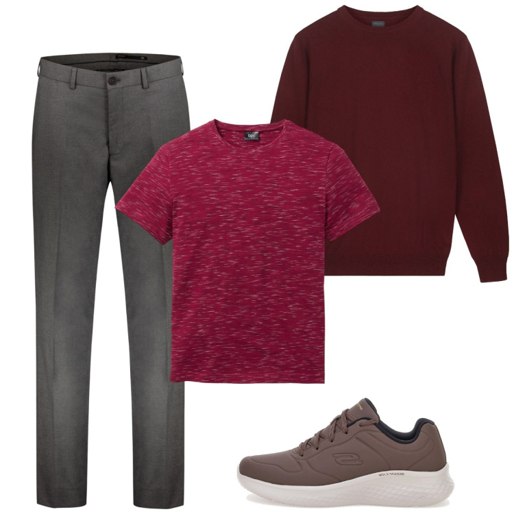 Outfit uomo - Bordeaux novembre. Stile Casual per Tutti i giorni. Abbinamento con t-shirt, pantaloni, maglieria, sneakers.