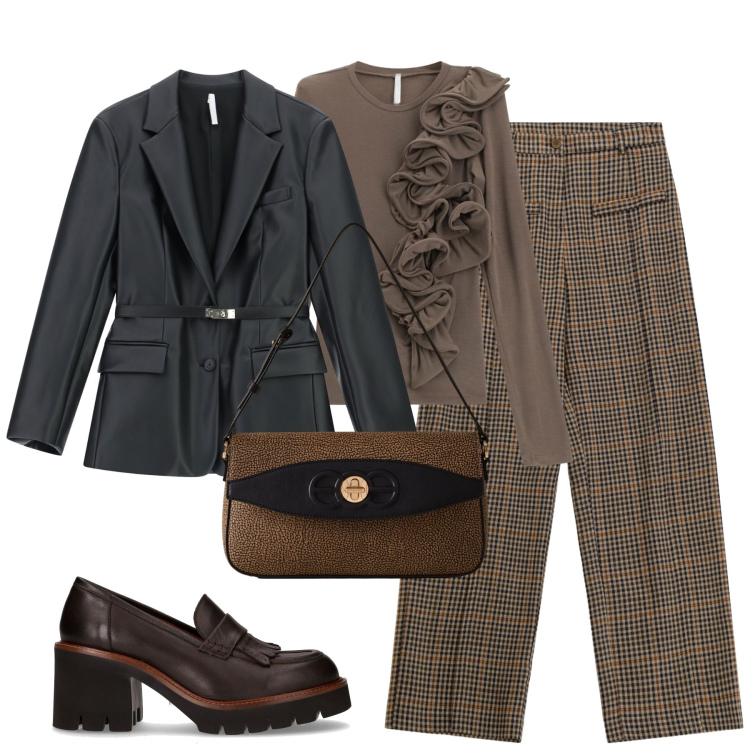 Outfit donna - City. Stile Urban per Tutti i giorni. Abbinamento con blazer, t-shirt, pantaloni a palazzo, borse a spalla, décolleté.