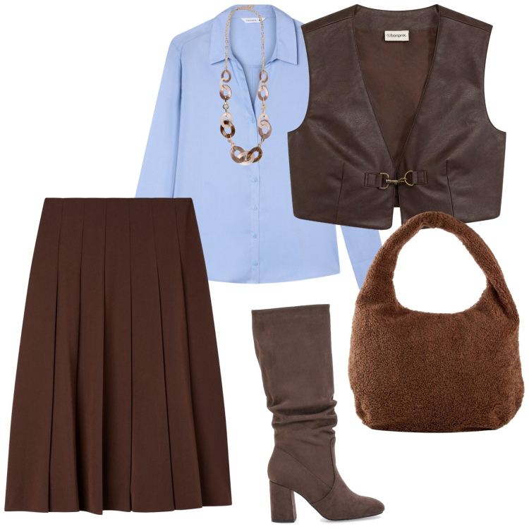 Outfit donna - A lavoro. per Ufficio. Abbinamento con gilet, shopping bag, gonne lunghe, camicie, stivali sopra il ginocchio, collane.