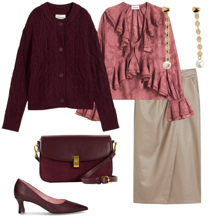 Outfit donna - Eleganza giornaliera. per Tutti i giorni. Abbinamento con bluse, cardigans, orecchini, gonne longuette, borse a mano, décolleté.