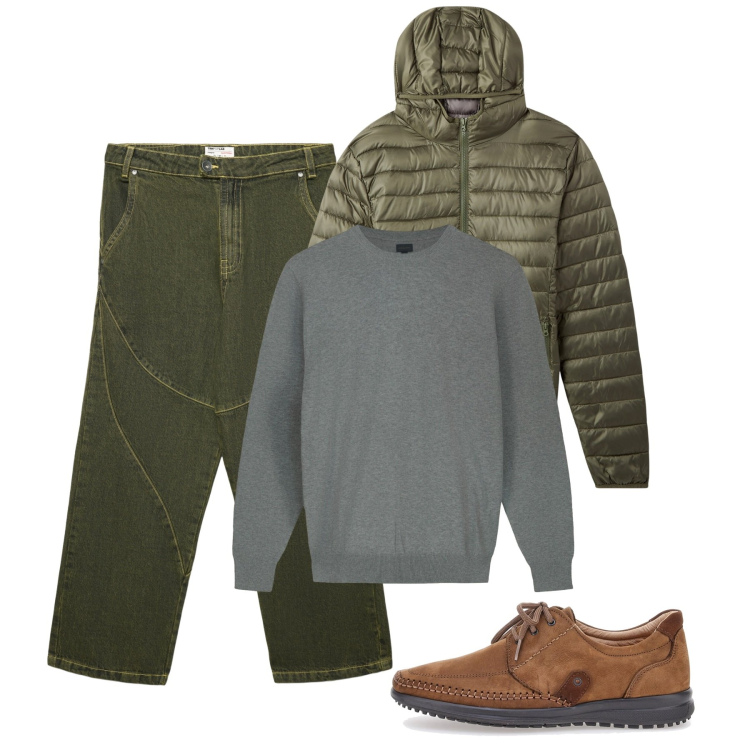 Outfit uomo - Novembre. Stile Casual per Tutti i giorni. Abbinamento con jeans dritti, piumini, maglieria, scarpe stringate.
