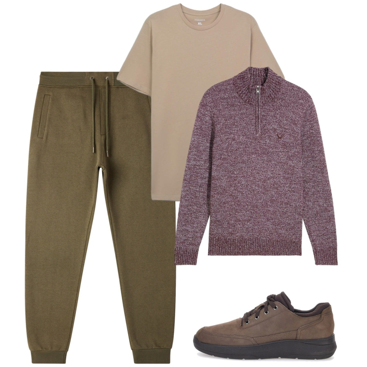 Outfit uomo - Melange di novembre. Stile Casual per Tutti i giorni. Abbinamento con maglieria, t-shirt, pantaloni, scarpe stringate.