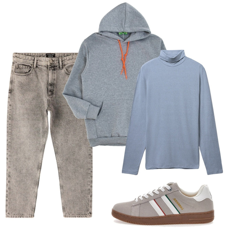 Outfit uomo - Sporty. Stile Casual per Tutti i giorni. Abbinamento con jeans dritti, t-shirt, felpe con cappuccio, sneakers.