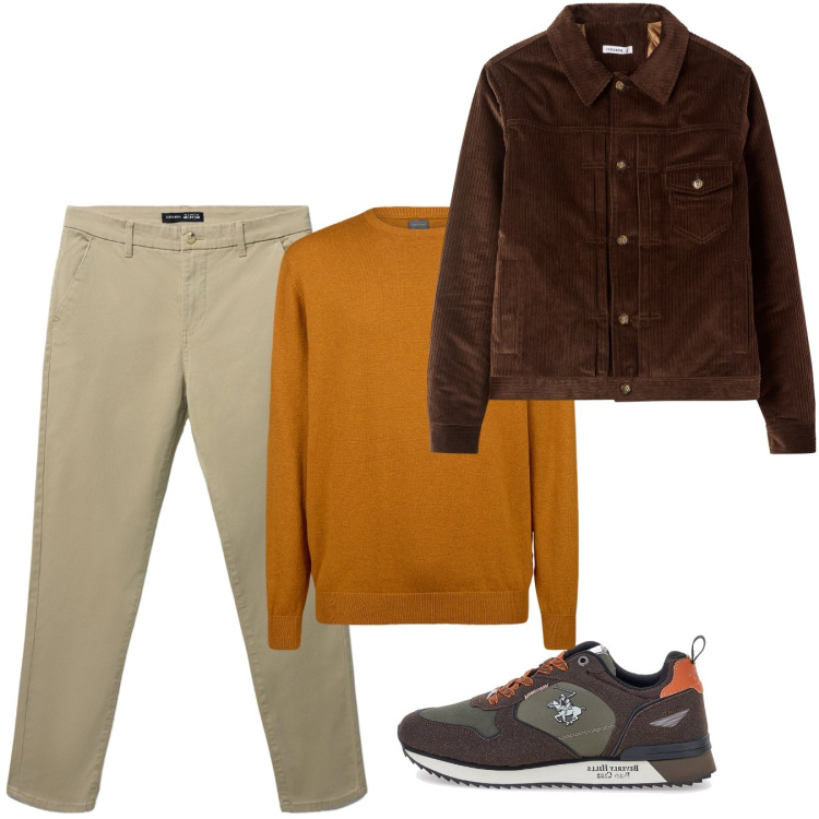 Outfit uomo - Autunno. Stile Casual per Tutti i giorni. Abbinamento con pantaloni chino, cappotti, maglieria, sneakers.