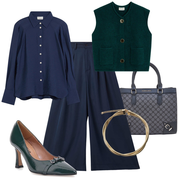 Outfit donna - Il gilet in maglia glam. Stile Glamour per Tutti i giorni. Abbinamento con camicie, maglieria, pantaloni, collane, décolleté, borse a tracolla.