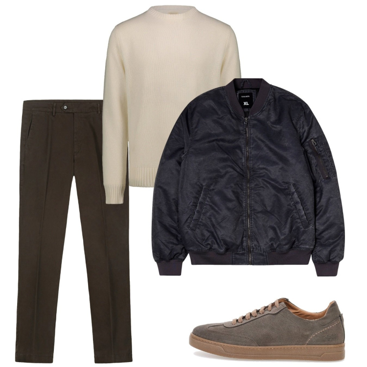 Outfit uomo - Pomeriggio libero. Stile Casual per Tutti i giorni. Abbinamento con bomber, pantaloni chino, sneakers, maglieria.
