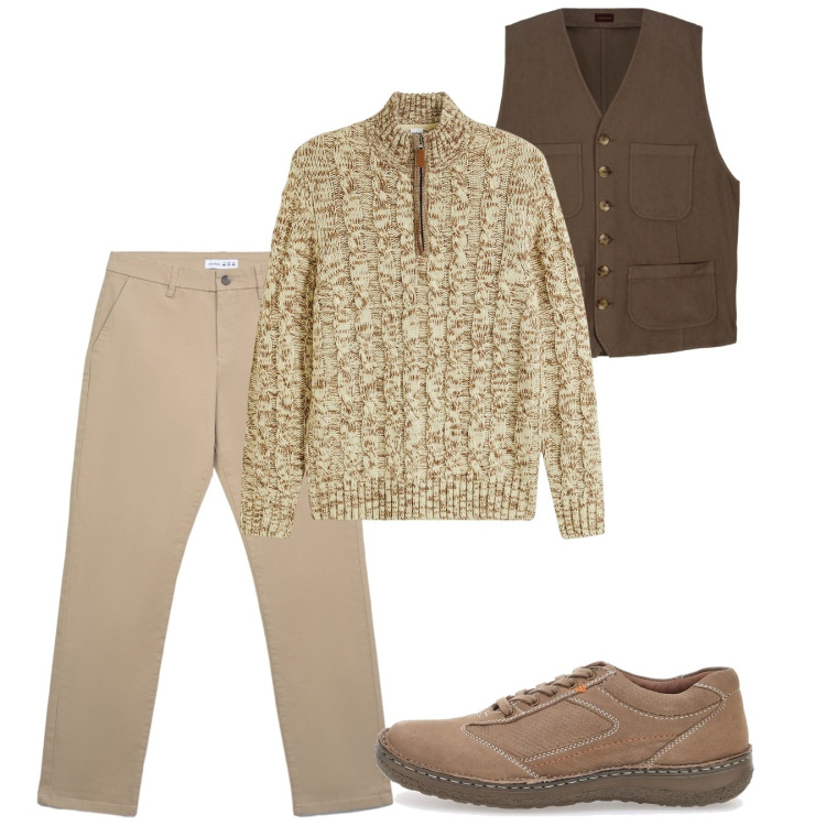 Outfit uomo - Novembre. Stile Casual per Tutti i giorni. Abbinamento con maglieria, pantaloni chino, sneakers, gilet.