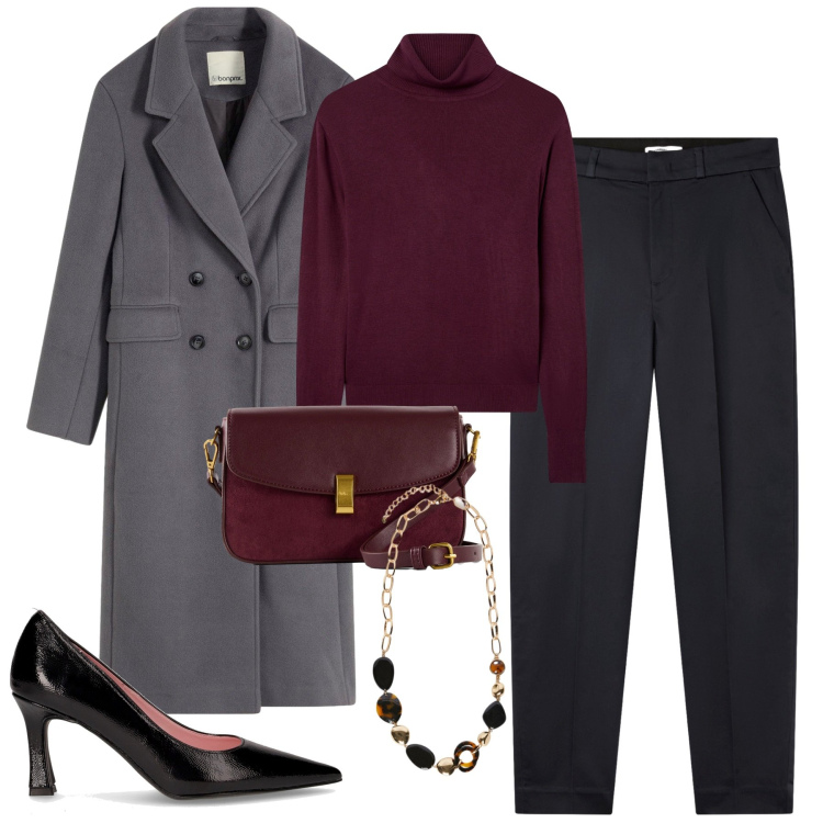 Outfit donna - Novembre. Stile Urban per Tutti i giorni. Abbinamento con cappotti, borse a mano, pantaloni chino, maglieria, décolleté, collane.