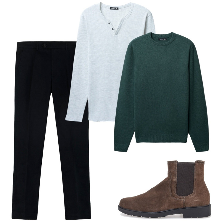 Outfit uomo - Novembre. Stile Casual per Tutti i giorni. Abbinamento con maglieria, t-shirt, stivali e stivaletti, pantaloni.