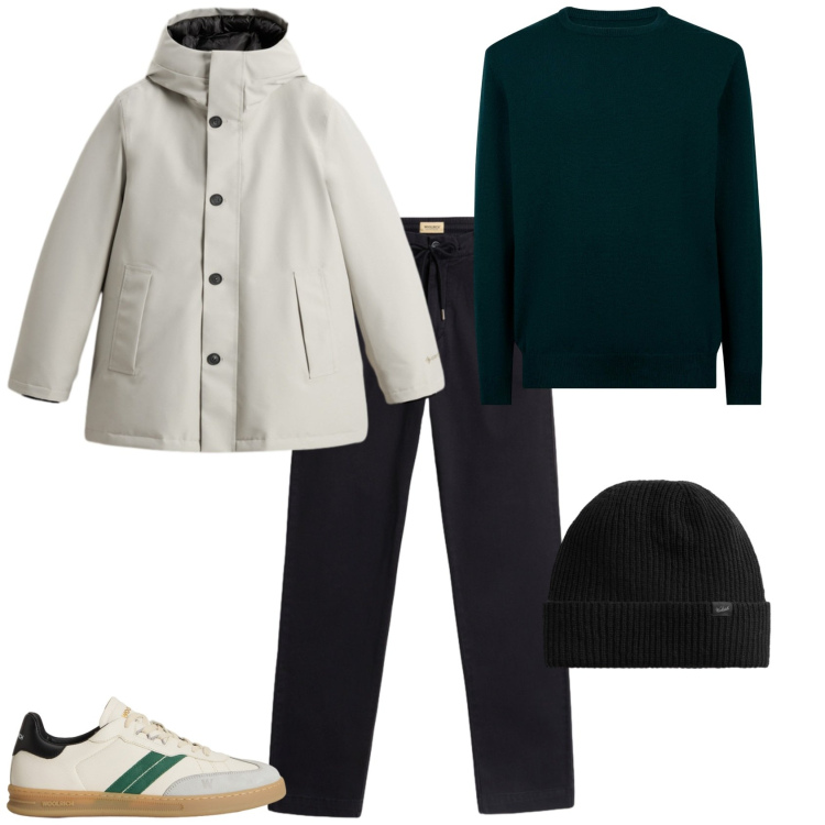 Outfit uomo - Total look #2278613. Stile Urban per Tutti i giorni. Abbinamento con berretti, pantaloni, sneakers, parka, maglieria.
