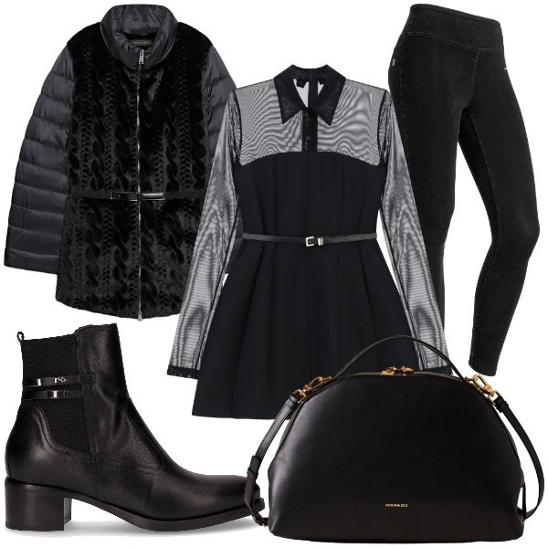 Outfit donna - Autunno Total Black. Stile Chic per Serata fuori. Abbinamento con vestiti corti, jeggings, borse a mano, stivaletti, piumini.