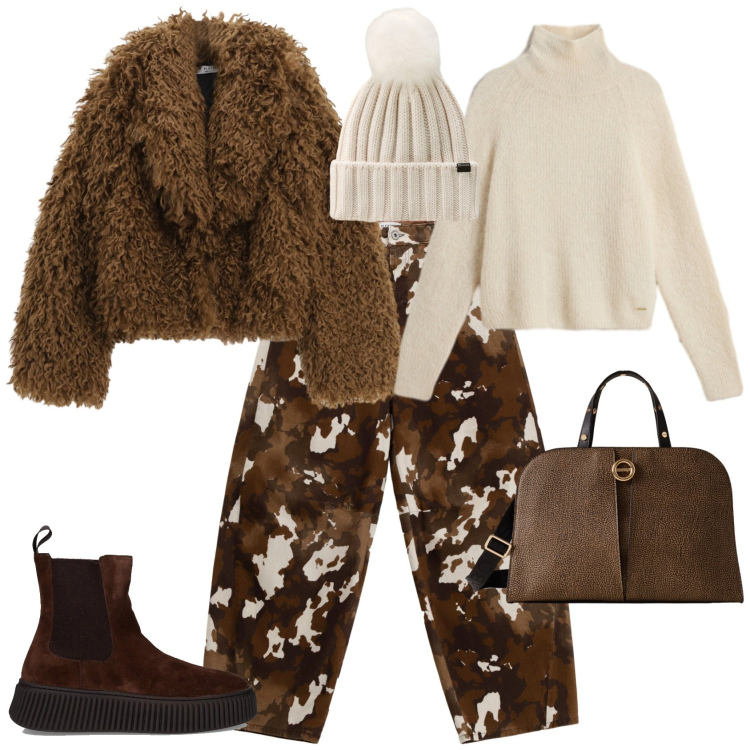 Outfit donna - Total look #2278635. Stile Trendy per Tutti i giorni. Abbinamento con blazer, pantaloni a palazzo, maglieria, berretti, borse a mano, stivaletti chelsea.