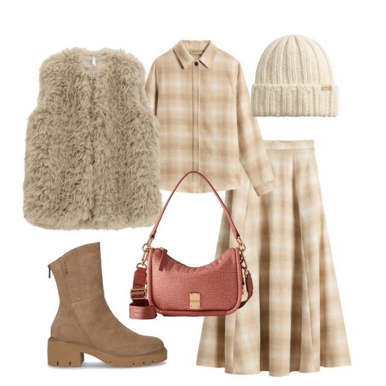 Outfit donna - Total look #2278638. Stile Chic per Tutti i giorni. Abbinamento con gonne lunghe, berretti, camicie, ecopellicce, borse a spalla, stivaletti.