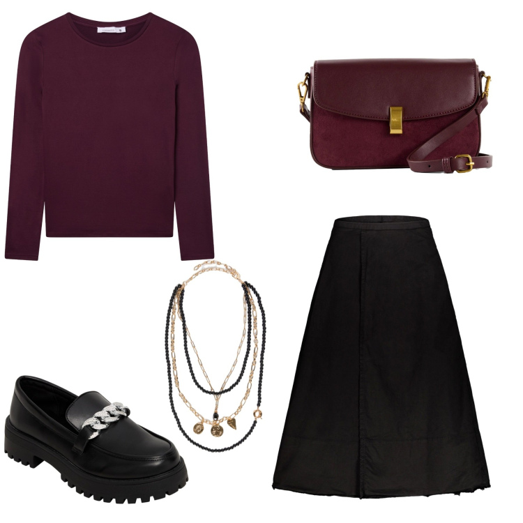 Outfit donna - Armonie d\'autunno. Stile Casual chic per Tutti i giorni. Abbinamento con borse a mano, mocassini, t-shirt, gonne lunghe, collane.