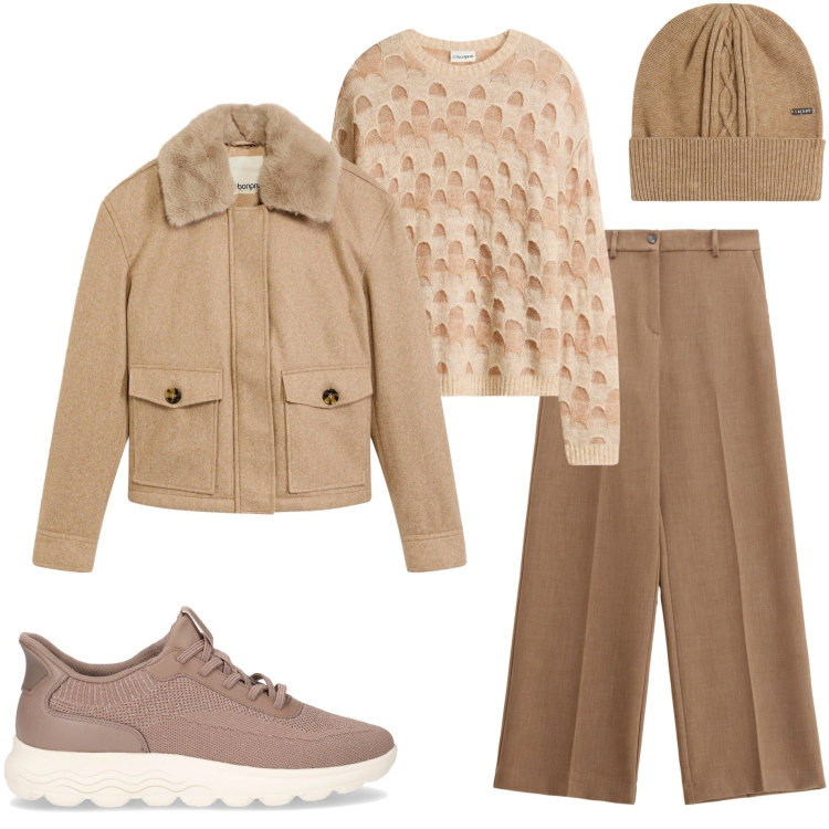 Outfit donna - Look color caramello. Stile Casual chic per Tutti i giorni. Abbinamento con piumini, maglieria, pantaloni, berretti, sneakers.