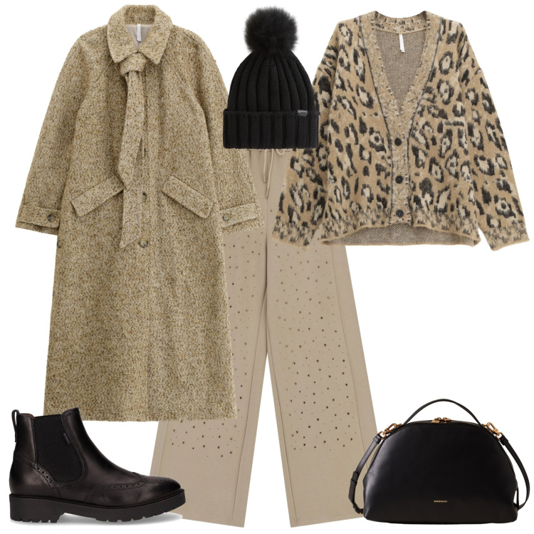 Outfit donna - Total look #2278646. Stile Trendy per Tutti i giorni. Abbinamento con berretti, cardigans, pantaloni, cappotti, borse a mano, stivaletti chelsea.