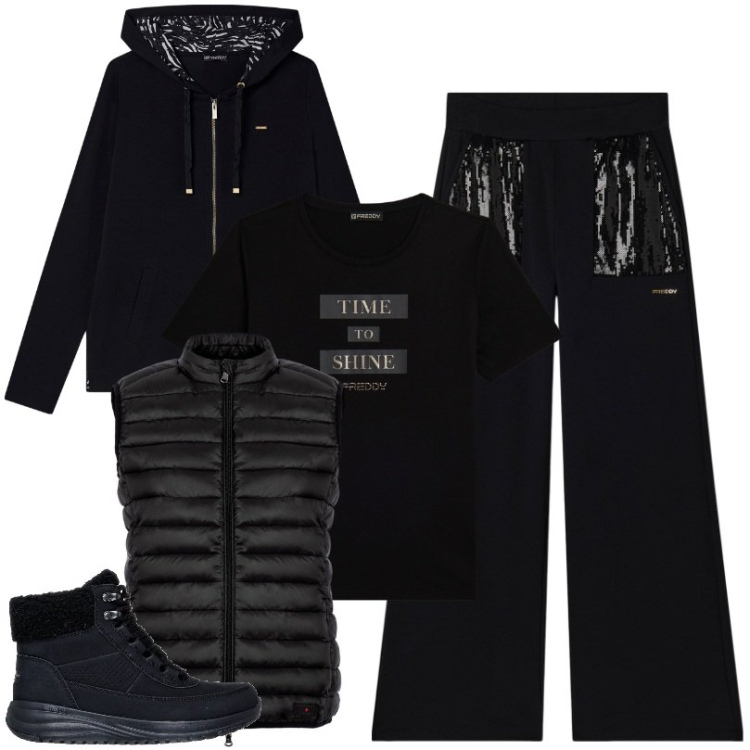 Outfit donna - Un giorno di pioggia. Stile Basic per Tutti i giorni. Abbinamento con felpe con cappuccio, pantaloni, t-shirt, piumini, anfibi.