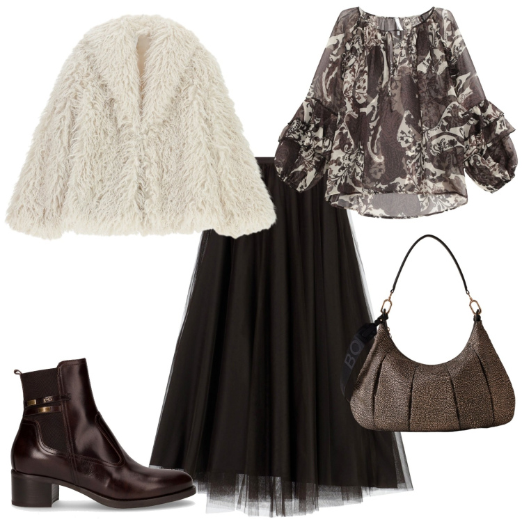 Outfit donna - Cerimonia evento serata speciale. Stile Chic per Serata fuori. Abbinamento con camicie, gonne lunghe, ecopellicce, borse a spalla, stivaletti.