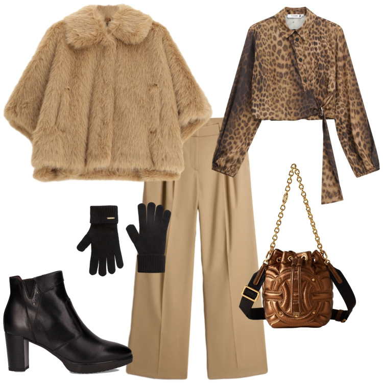 Outfit donna - Chic serata evento speciale. Stile Chic per Serata fuori. Abbinamento con camicie, blazer, pantaloni, guanti, borse a secchiello, stivaletti.