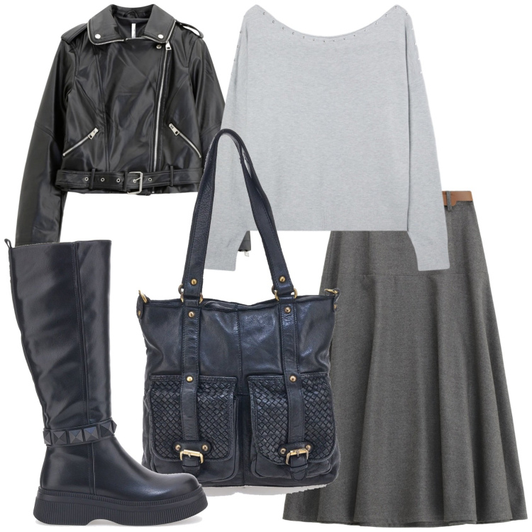 Outfit donna - Sfumature di grigio. Stile Trendy per Tutti i giorni. Abbinamento con gonne lunghe, maglieria, giacche, stivali sopra il ginocchio, borse a spalla.