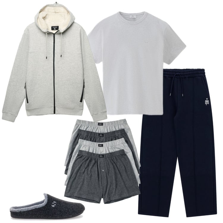 Outfit uomo - Domenica total relax. Stile Casual per Tutti i giorni. Abbinamento con boxer, felpe con cappuccio, t-shirt, pantaloni, pantofole.
